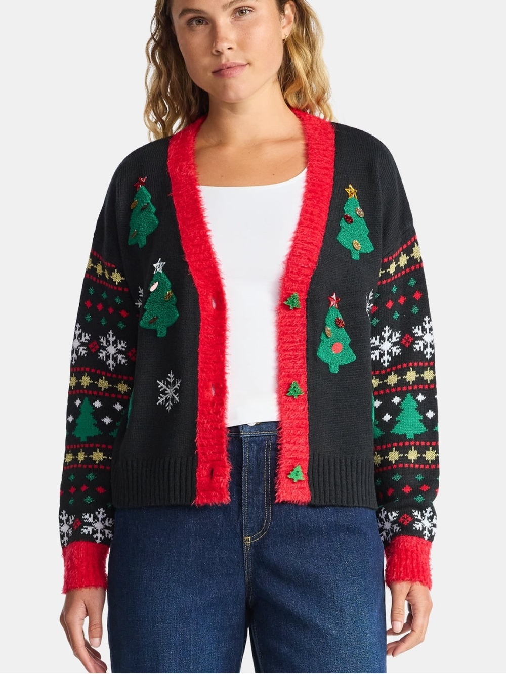Holiday Time Women's V-Neck Embellished Christmas Cardigan Sweater NWOT